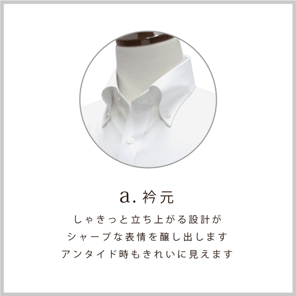 衿元：しゃきっと立ち上がる設計がシャープな表情を醸し出します。アンタイド時もきれいに見えます。