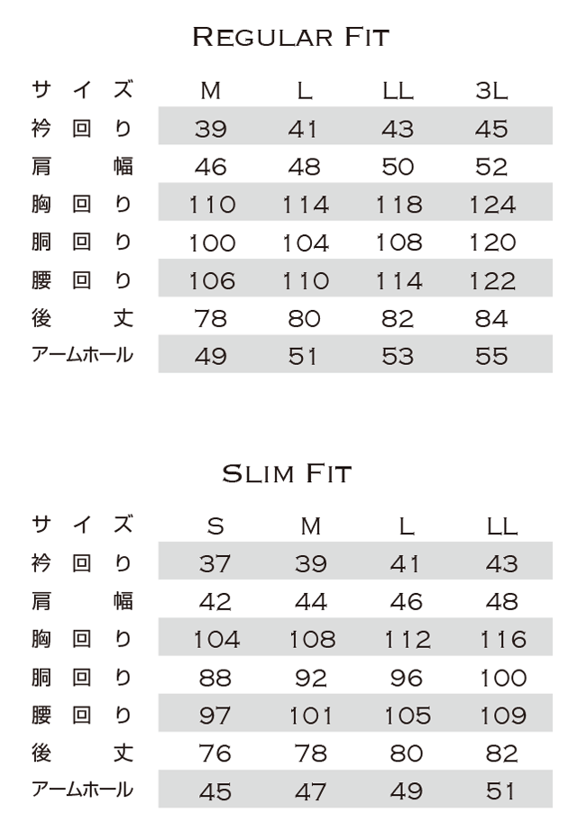 レギュラーフィット・スリムフィット：サイズ表