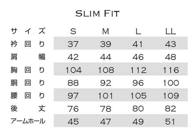 スリムフィット：サイズ表